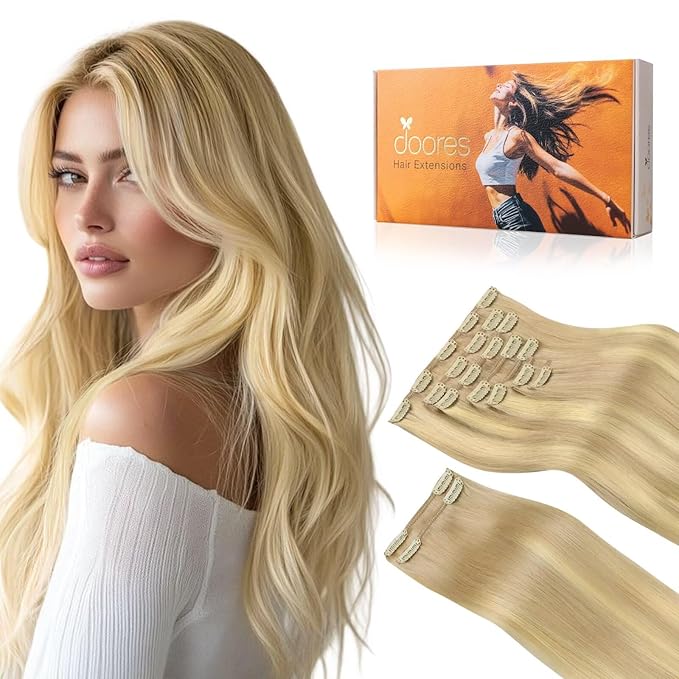 DOORES Clip in Hair Extensions Human Hair, Dirty Blonde Mixed Platinum Blonde 150g 9pcs 20 Inch, Remy Hair Extensions Clip in Straight Thick