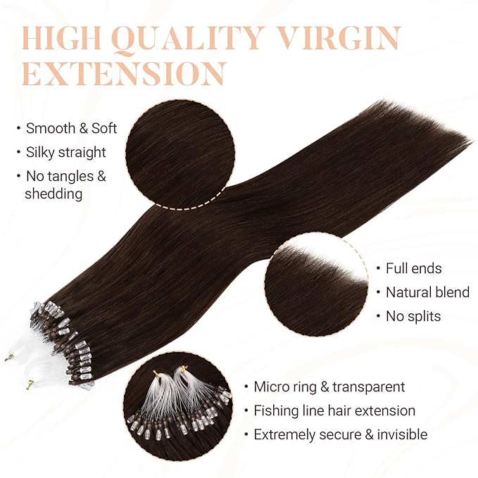 MAXITA Microlink Hair Extensions Human Hair, Chocolate Brown Micro Bead Hair Extensions Virgin Human Hair, 50g/50 Strands/Pack, 22 In