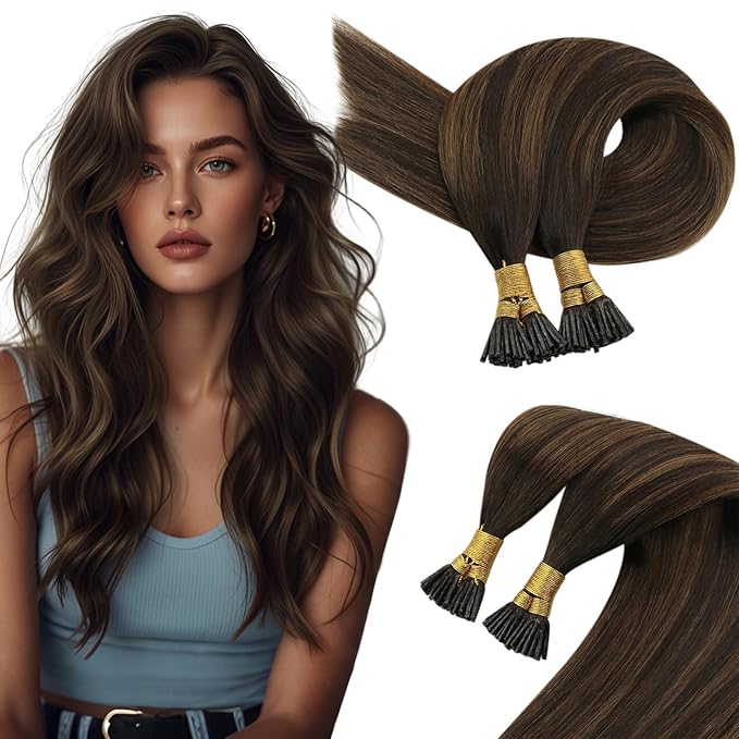 Sunny Hair I Tip Hair Extensions Human Hair Brown Soft Itip Hair Extension Real Human Hair Dark Brown to Medium Brown Balayage I Tip Hair Extensions Invisible Tip Hair Extensions Add Volume 50G 20in
