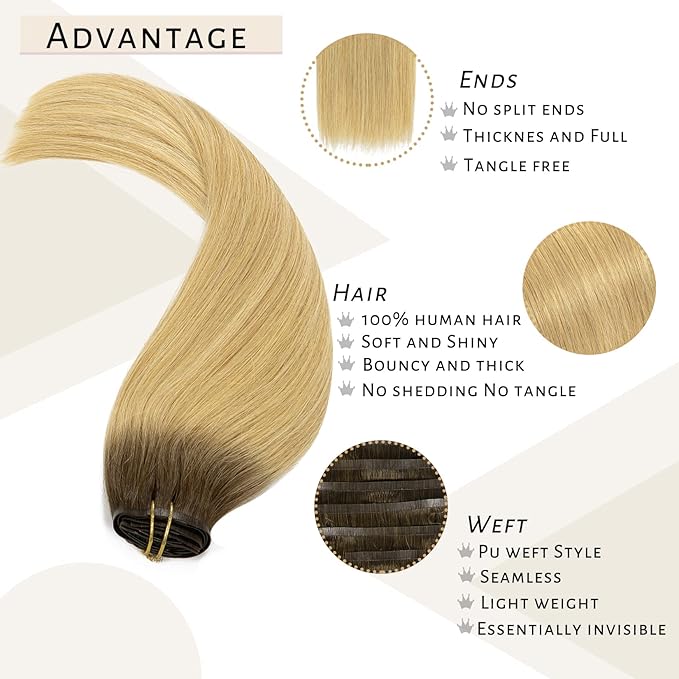 Caliee 16Inch Balayage Clip in Hair Extensions Real Human Hair R4/18 Ash Blonde With Medium Brown Roots 7Pcs PU Clip in Human Hair Extensions 110G Silky Soft Natural Remy Hair for Women