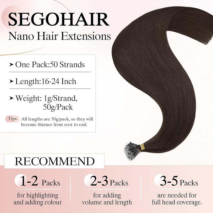 Nano Bead Human Hair Extensions nano rings hair extensions Nano-bond Hair Extensions Nano Tip Extensions Silky Straight Natural 50g/50 Stands 22" Dark Brown