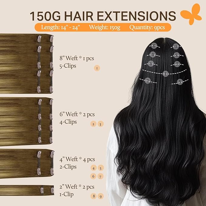 DOORES Human Hair Clip in Extensions, Medium Brown Highlighted Dirty Blonde 24 Inch 150g 9pcs, Real Hair Extensions Clip in Human Hair Extensions Human Hair Natural Thick Silky Straight Hair