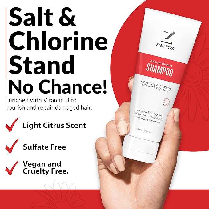 Zealios Sport Clarifying Shampoo, 8 oz Squeeze Tube for Extremely Damaged Hair, Pool Hair Repair & Protector - Sulfate-Free, Moisturizing Chlorine & Salt Removal, Color-Safe, Citrus Scent for Swimmers