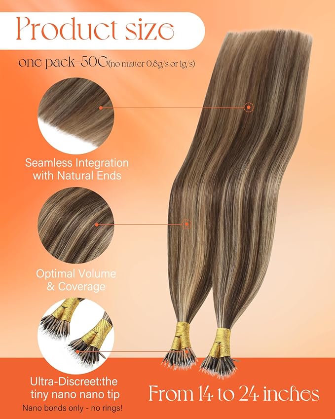 Sunny Hair 22inch Nano Bead Hair Extensions Human Hair Brown Blonde Nano Loop Hair Extension Long Straight Hair Nano Human Hair Extensions 50g