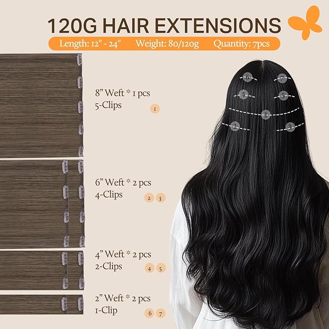 DOORES Clip in Hair Extensions, Light Ash Brown 14 Inch 7pcs 100g, Real Human Hair Extensions Remy Natural Silky Straight Thick Weft