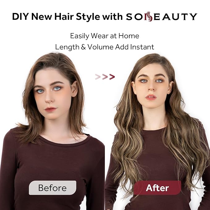 Clip in Hair Extensions Real Human Hair, Invisible Clip In Hair Extensions 100% Human Hair, Balayage Chocolate Brown to Caramel Blonde #4TP27/4 16Inch 120G 7PCS