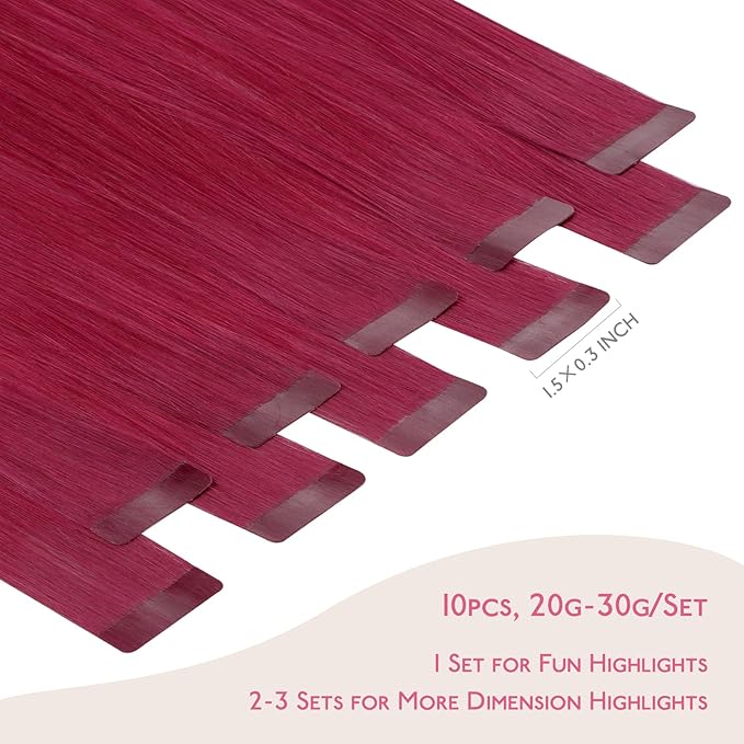 WENNALIFE Tape in Hair Extensions Human Hair Burgundy Red Tape in Extensions, 10pcs 20g 12 inch Remy Invisible Tape Ins Straight Colored Soft Real Human Hair Tape in Extensions Refill Set Extensions