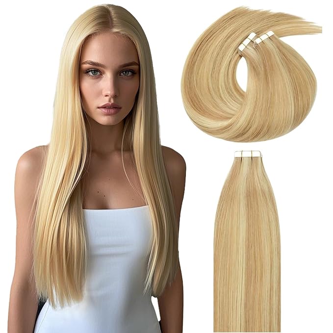 Lacer Tape in Hair Extensions Human Hair 16 Inch Dark Ash Blonde Mixed Platinum Blonde Invisible Tape in Hair Extensions Seamless Silky Straight 20 Pcs 50 Grams