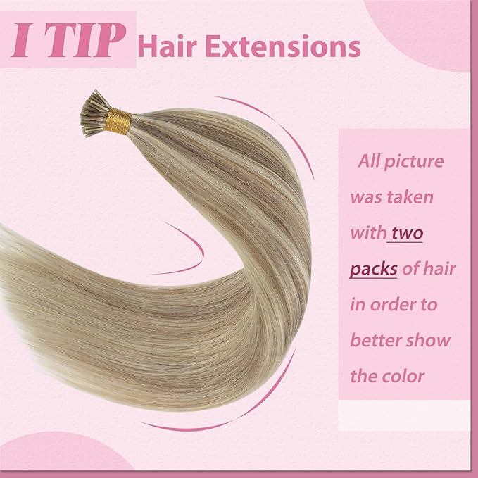 YoungSee I Tip Hair Extensions Blonde Itip Hair Extensions Real Human Hair Blonde Mix Golden Blond Highlight Itip Human Hair Extension Silky Straight 20 Inch 50g 50s