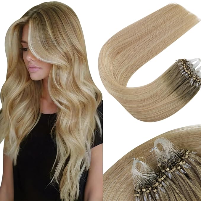 Sunny Hair 22inch Micro Link Hair Extensions Human Hair Soft Micro Bead Hair Extensions Human Hair Sunshine Blonde Micro Ring Ash Blonde Balayage Platinum Blonde with Highlight 50G