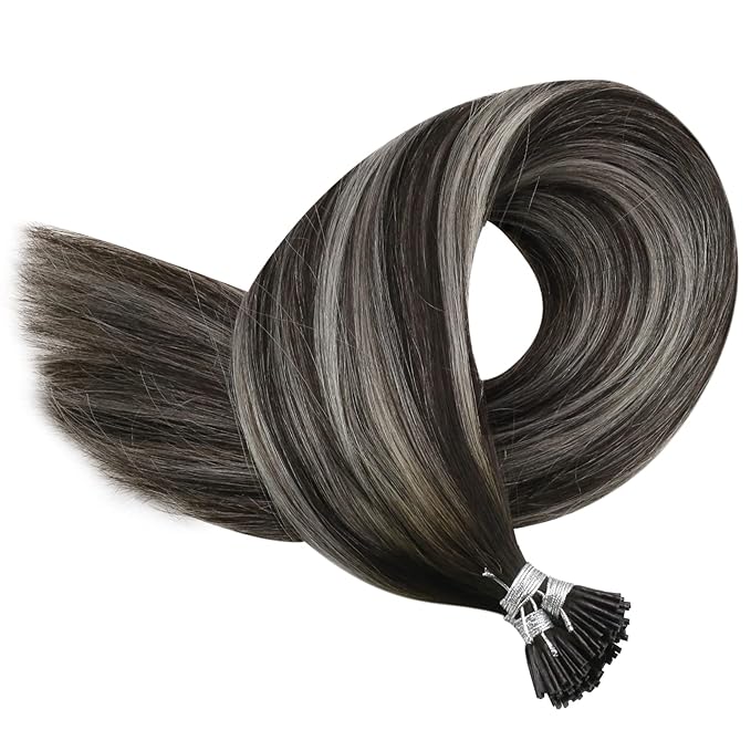 YoungSee I Tips Hair Extensions Ombre I Tip Hair Extensions Ombre Black to Silver Human Hair I Tip Extensionsr Balayage 20 Inch Tip Hair Extensions Human Hair Silky Straight 50s 50g
