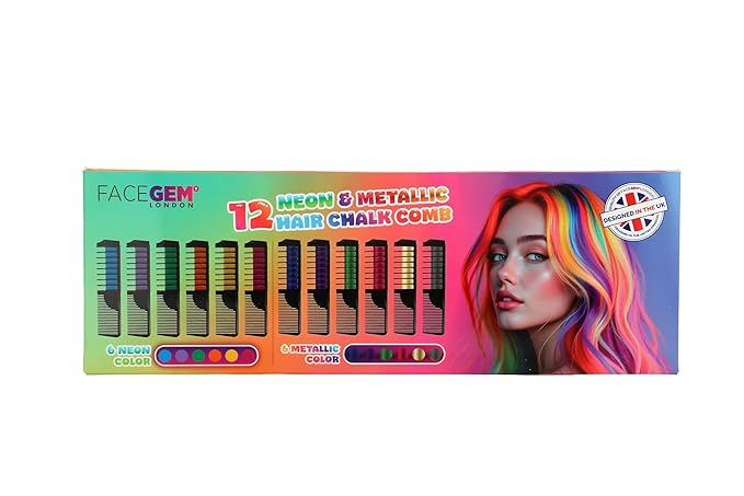 12 Hair chalks comb, 12 NEON & METALLIC hair chalk, Non-Toxic Easy Washable Hair Dye Colourful, METALLIC & NEON hair chalk -Perfect for Festivals, Halloween, Party, hair chalks for girls