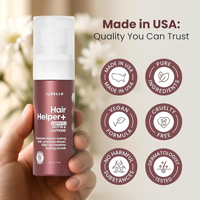 Hair Helper+ Spray - Growth Serum With Biotin & Castor Oil made in USA - Caffeine Infused Treatment for Thicker, Fuller Hair - Repair Thinning Naturally - Vegan, Cruelty-Free Formula