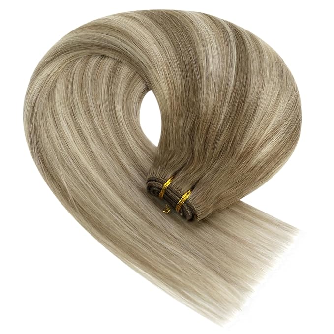 YoungSee Sew in Hair Extensions Balayage Brown Weft Hair Extensions Human Hair Medium Brown Fading to Brown Mix Platinum Soft Sew in Hair Extensions Real Human Hair Hair Loss Coverage 100G 16Inch