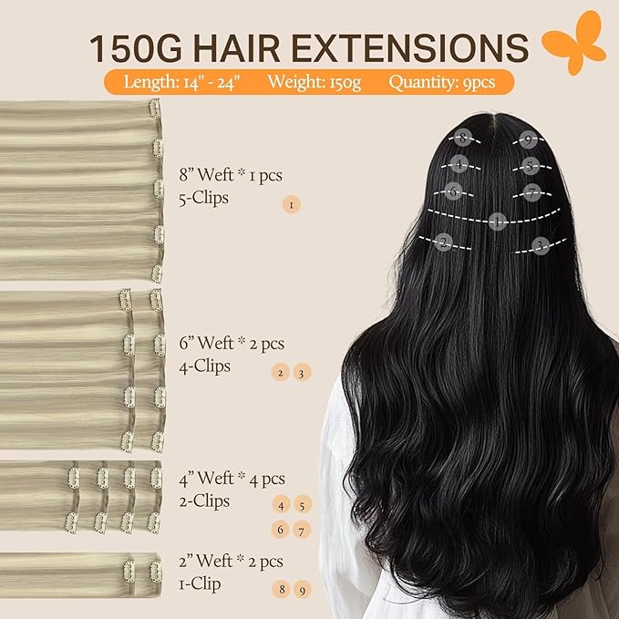 DOORES Human Hair Extensions Clip in, Ash Blonde Highlighted Platinum Blonde 150g 9pcs 22 Inch, Real Natural Thick Silky Hair