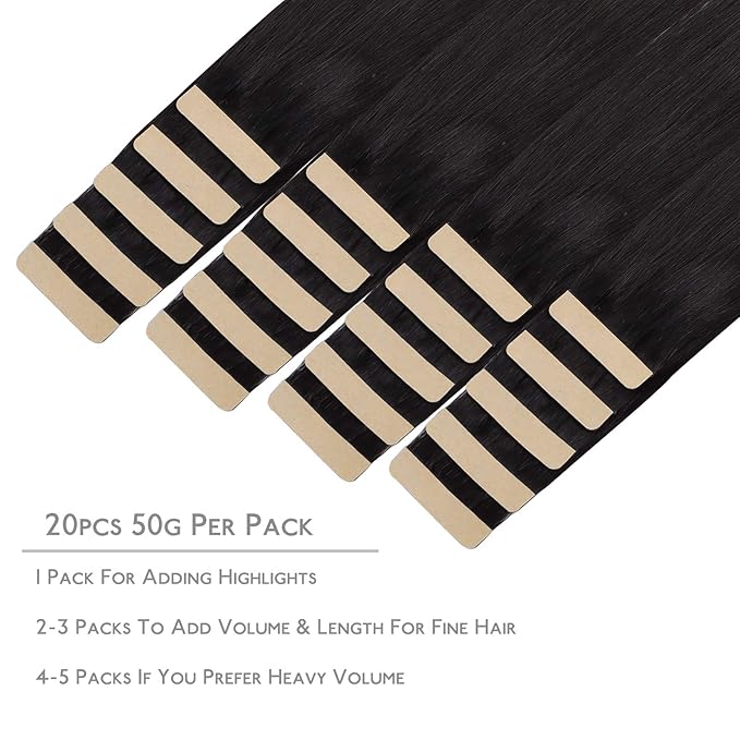 WENNALIFE Tape in Hair Extensions Human Hair, 20pcs 50g 22 inch Natural Black Remy Hair Extensions Straight Human Hair Tape in Extensions Skin Weft Tape Extensions Human Hair