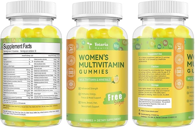 (2 Packs) Sugar Free Multivitamin Gummies for Women 14+ w/Iron, Inositol, Folate, Biotin, Womens Daily Multivitamin Gummy w/Vitamin A, D, C, B, Support Hair, Skin, Energy, Immune, Lemon Flavor