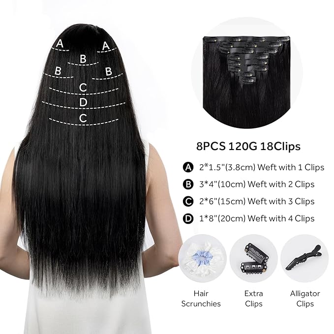 Clip in Hair Extensions Real Human Hair Natural Black Seamless Clip In 100% Remy Hair Extensions PU Skin Weft Add Volume Invisible for Long Straight Hair #1B 16Inch 120G 8PCS