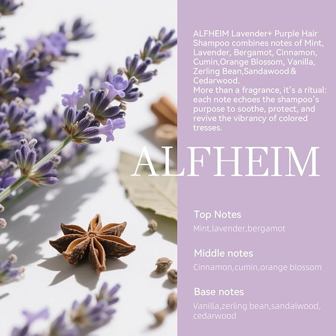 ALFHEIM Lavender+ Purple Brightening Shampoo | Deep Moisturizing, Hydrating & Smoothing | Color-Safe, Sulfate & Paraben-Free Formula, for Silver, Blonde & Highlighted Hair | 33.8 fl oz
