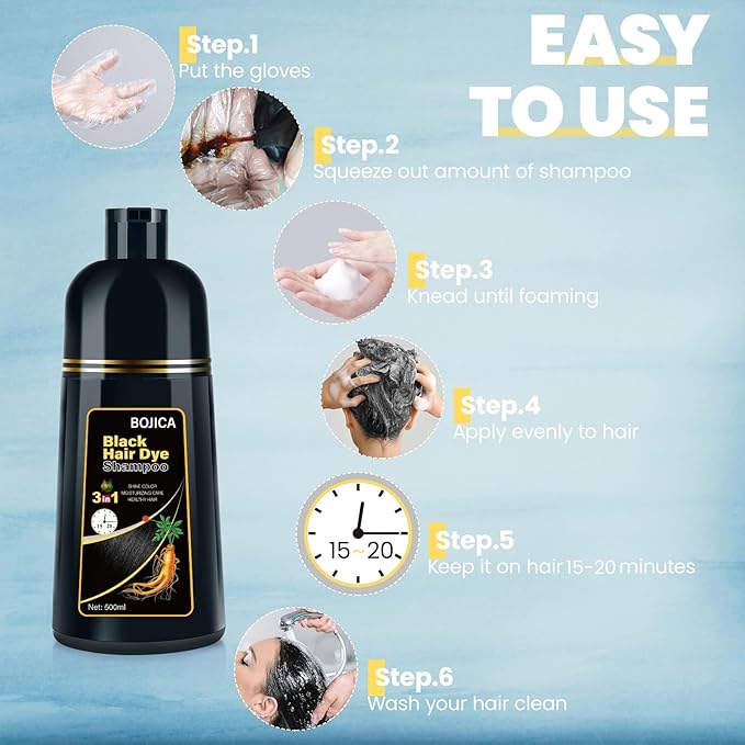 Black Hair Dye 3 in 1 Shampoo for Gray Hair, Herbal Ingredients for Women&Men, Dye in Minutes/Semi-Permanent/(17.6 FL OZ)