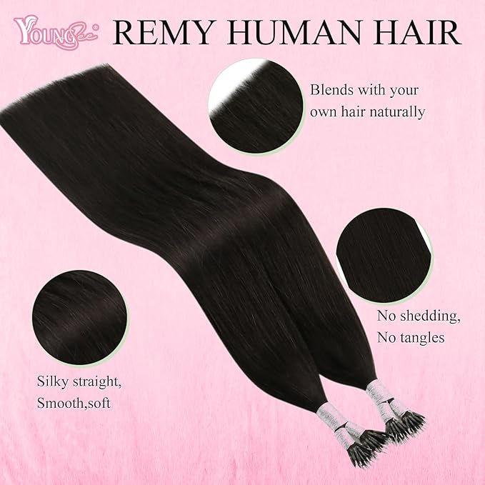 YoungSee Nano Hair Extensions Real Human Hair Dark Brown Nano Bead Hair Extensions Human Hair Darkest Brown Silky 18inch 50s 50g