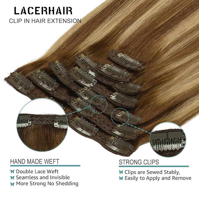 Lacer 22 Inch Highlight Chocolate Brown to Caramel Blonde Remy Clip in Human Hair Extensions Straight Balayage Real Natural Hair Extensions 140g 7pcs