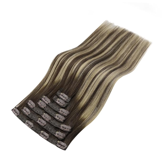 YoungSee 150G Clip in Hair Extensions Real Human Hair Brown Balayage Hair Extensions Clip ins Chocolate Brown with Ash Blonde Balayage Silky Clip on Hair Extensions Human Hair 24inch 7pcs