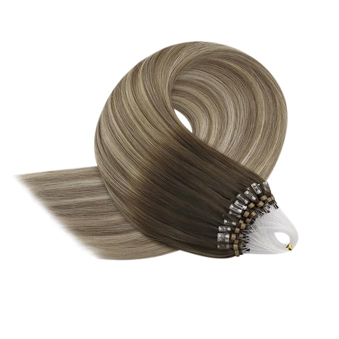 YoungSee Micro Hair Extensions Human Hair Balayage Microlink Hair Extensions Dark Brown Ombre Blonde with Brown Bead Hair Extensions Human Hair Silky Straight for School 18 Inch 1g/s 50g