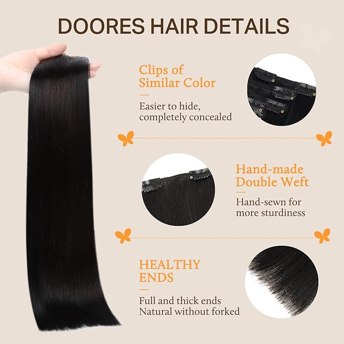 DOORES Hair Extensions Clip in Human Hair, Natural Black 135g 7pcs 16 Inch, Thick Remy Clip in Hair Extensions for Women Straight Weft