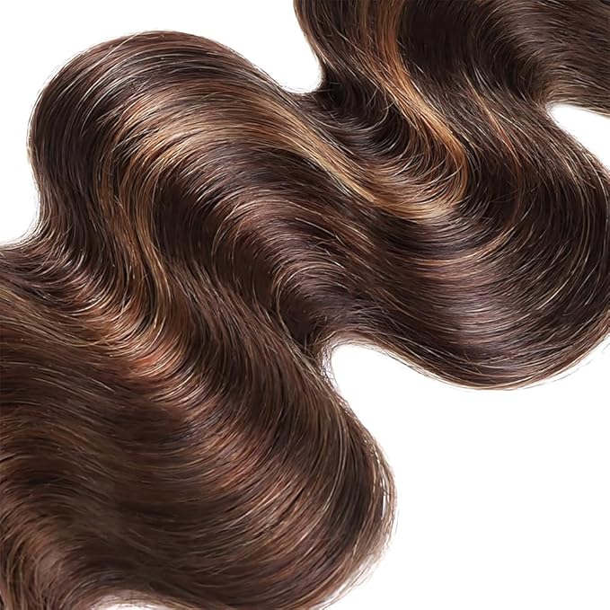 P430 Highlight Body Wave Bundles 10 12 14 Inch Human Hair Chocolate Brown and Brown Bundles Mix Two Tone Double Weft Weave Brazilian Human Hair Extensions Silky and Soft