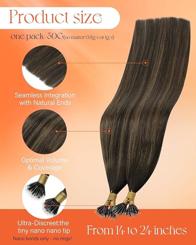 Sunny Hair Nano Hair Extensions Human Hair Balayage Brown Nano Ring Hair Extension Dark Brown Ombre Medium Nano Tip Hair Extensions Real Human Hair for Women 50G 20Inch