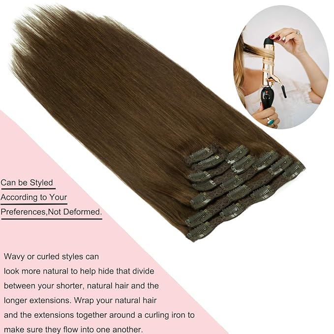 Loxxy Human Hair Extensions Clip in Chocolate Brown Real Human Hair Extensions 120g 7 Pieces Silky Straight Weft Full Head Clip in Remy Human Hair #4 14 Inch