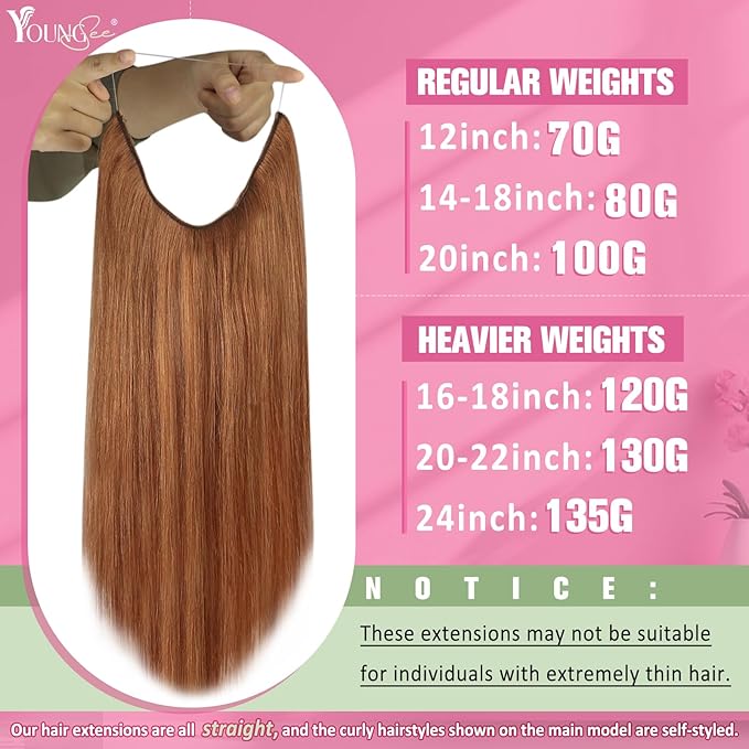 YoungSee Copper Wire Extensions Human Hair Invisible Wire Hair Extensions for Women Copper Adjustable Fish Line 20inch 100g