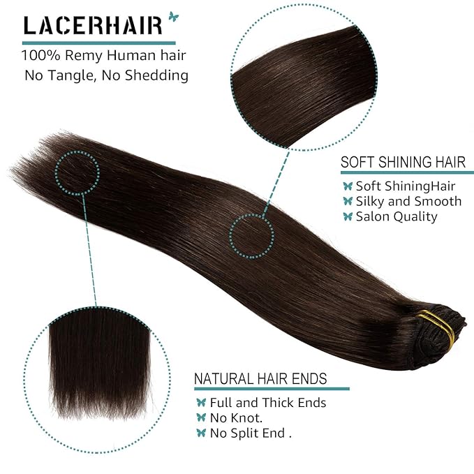 Lacer Clip in Hair Extensions Real Human Hair, Warm Dark Brown 120g 7pcs 16 Inch Real Human Hair Extensions Clip in Straight Remy Hair Extensions for Women
