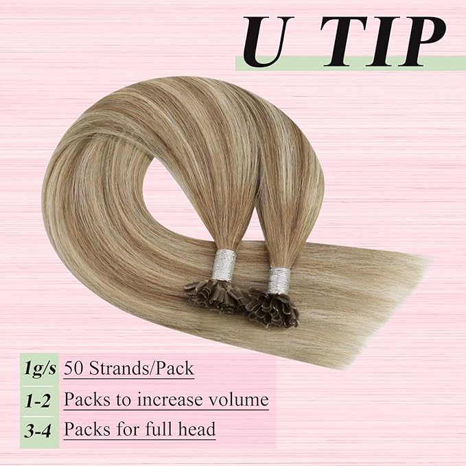 YoungSee Utip Hair Extensions Human Hair Balayage Light Brown Ombre Platinum Blonde U Tip Keratin Hair Extensions for Natural Looking Utips Extensions Real Human Hair Silky Straight 16In 1G/S 50G