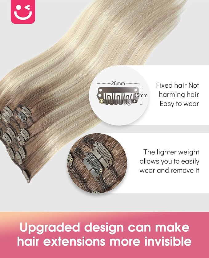 Youngsmile Clip in Hair Extensions, Human Hair Clip in Extensions Balayage Color 8 Ash Brown Fading to 60 Platinum Blond mixed 18 Ash Blond, 22inch 7 Pcs 120 Gram (CLIP#8/60/18-22Inch)