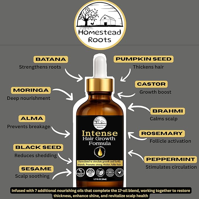 Intense Hair Growth Oil - Organic - Blend of 17 Oils (Batana, Castor & Rosemary) – Supports Thicker, Fuller Hair (1.7 oz)