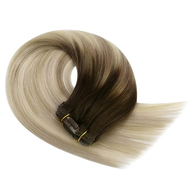 YoungSee Clip on Hair Extensions Ombre Hair Extensions Clip ins Dark Brown Ombre Golden Blonde Mix Platinum Blonde Balayage Soft and Silky Real Human Hair Extensions for Women 120G 20Inch 7Pcs