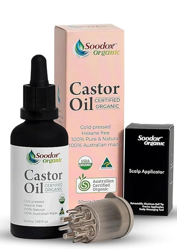 Organic Castor Oil 50mL | Cold Pressed & Unrefined | BONUS Scalp Applicator & Eyelash Brushes | Pure Castor Oil Organic for Hair Growth, Skin, Face & Nails | Australian Made | Glass Bottle