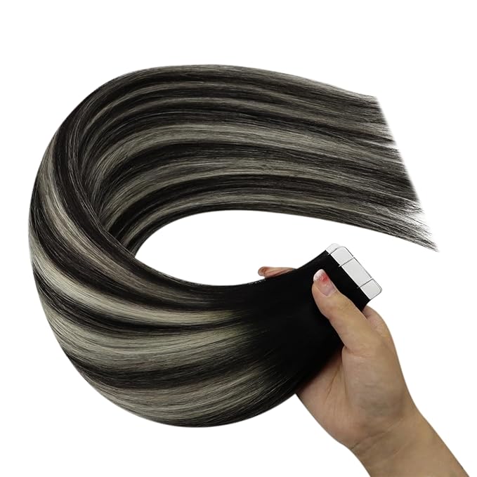 YoungSee Tape in Hair Extensions Human Hair Ombre Seamless Tape in Hair Extensions Human Hair Black Ombre Silver with Black Roots Human Hair Tape ins Reusable 18In 50g 20pcs