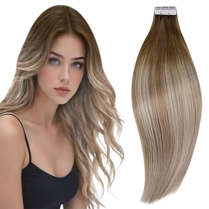 RUNATURE 24 Inch Tape in Hair Extensions Human Hair Balayage Hair Extensions Tape in Human Hair Ombre Brown to Blonde Human Hair Tape in Extensions Natural Looking Silky 20pcs 50g