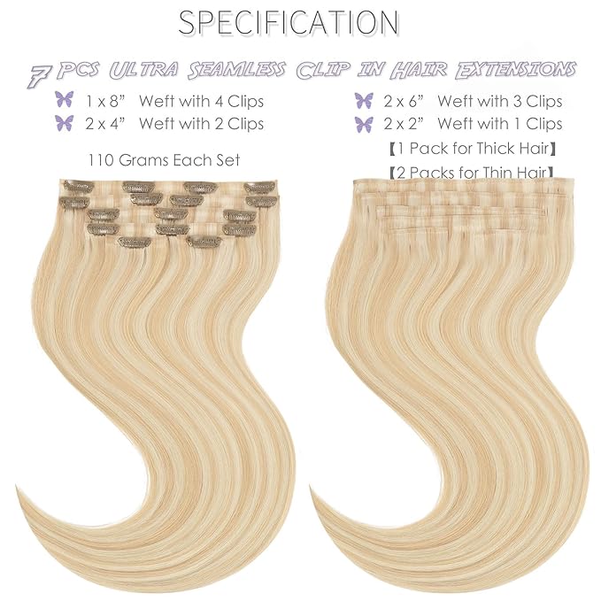 Lacer Hair Highlight Blonde Clip in Hair Extensions 20 Inch Human Hair 7pcs 110g Dark Ash Blonde Mixed Platinum Blonde Color Seamless Hair Extensions Clip in Thin PU Weft Silky Straight Clip Ins