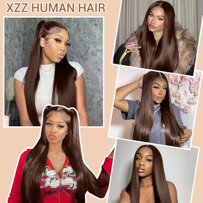 Chocolate Brown Lace Front Wigs Human Hair Pre Plucked Dark Brown Wear And Go Glueless Wig 9x6 Straight Wigs Human Hair 220% Density Colored #4 Brown Glueless Wig Hd Lace Frontal Wigs For Women 24Inch
