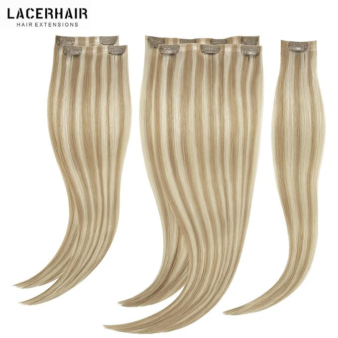 Lacer Clip in Hair Extensions 22in Seamless Clip in Hair Extensions Golden Blonde Highlight Platinum Blonde Highlight Clip in Hair Extensions 7Pcs Invisible PU Skin Weft For Women 110G