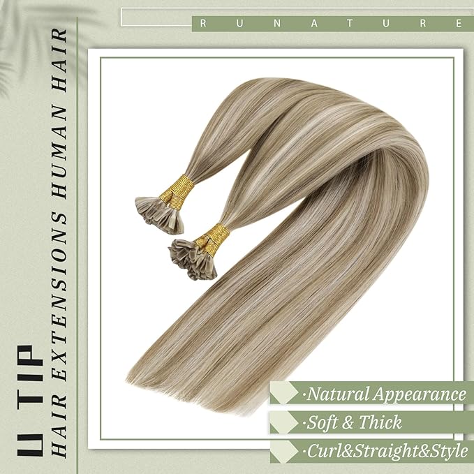 RUNATURE Ktip Human Hair Extensions Ash Brown with Platinum Blonde Keratin U Tip Hair Extensions Hot Fusion Utip Hair Extensions Human Hair Straight K Tip Hair Extensions Silky 16 Inch 50g 50s