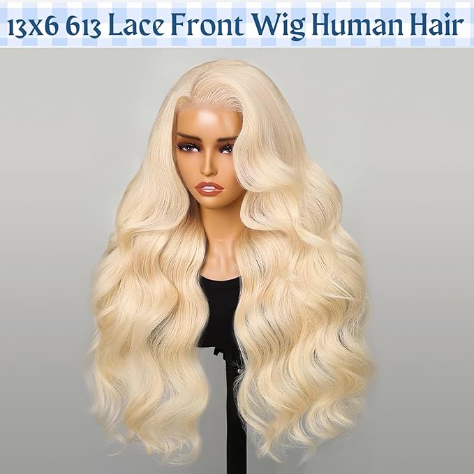 XZZ 26 Inch 613 13x6 Lace Front Wig Human Hair 220 Density Blonde Wig Human Hair Pre Plucked 613 HD Lace Frontal Wig 613 Loose Deep Wave Wig Human Hair Glueless Wigs for Women