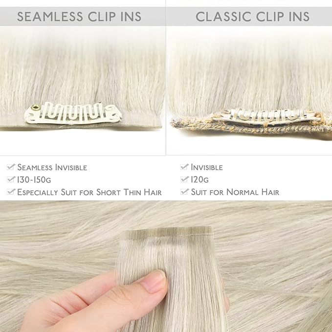 WENNALIFE Seamless Clip In Hair Extensions, 20 Inch 7pcs 150g Ash Blonde Highlighted Platinum Blonde Human Hair Extensions, Invisible PU Weft