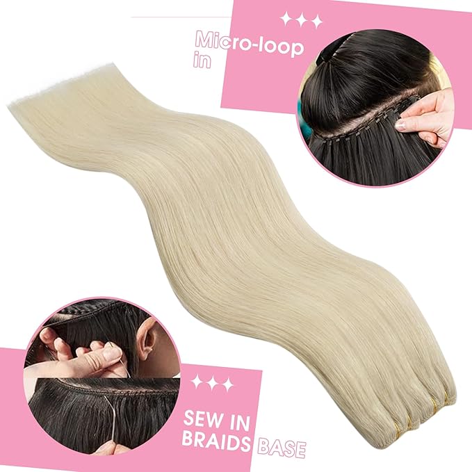 YoungSee Weft Human Hair Extensions Blonde Sew in Real Hair Extensions Platinum Blonde Soft and Silky Sew in Weft Human Hair Extensions 24Inch 100G