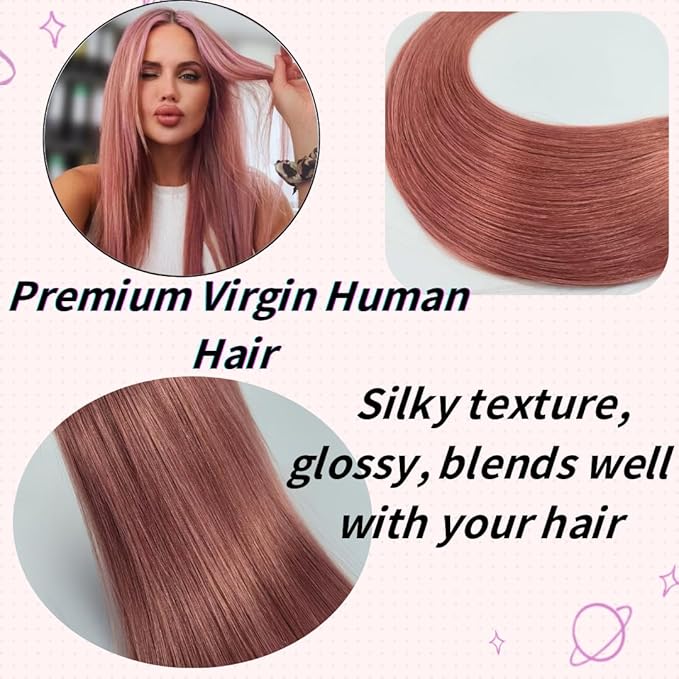 Rose Gold Pink Tape in Hair Extensions Human Hair Invisible 18 Inch Silky And Soft Tape in Human Hair Extensions for Girls