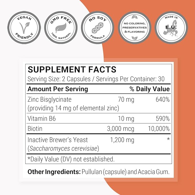 SuperSmart - Brewer's Yeast Hair Boost (Advanced Formula) - with Saccharomyces Cerevisiae, Zinc, Biotin - Hair Supplement | Non-GMO - 60 Vegetarian Capsules
